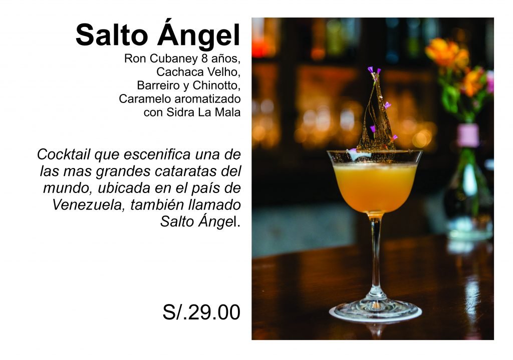 Salto Ángel Ron Cubaney 8 años,  Cachaca Velho,  Barreiro y Chinotto,  Caramelo aromatizado  con Sidra La Mala   Cocktail que escenifica una de las mas grandes cataratas del mundo, ubicada en el país de Venezuela, también llamado Salto Ángel